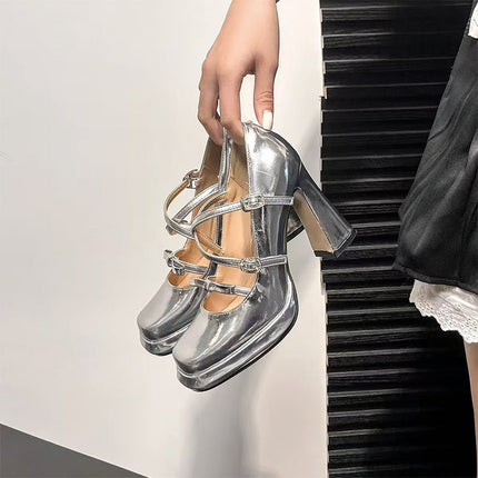 Shoeswoon Cute Bow Detail Square Toe Mary Jane Platform Heels