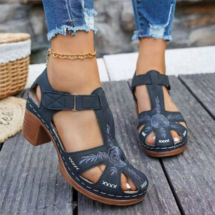 Shoeswoon Vintage Floral Embroidered Cutout Chunky Heel Closed Toe Sandals