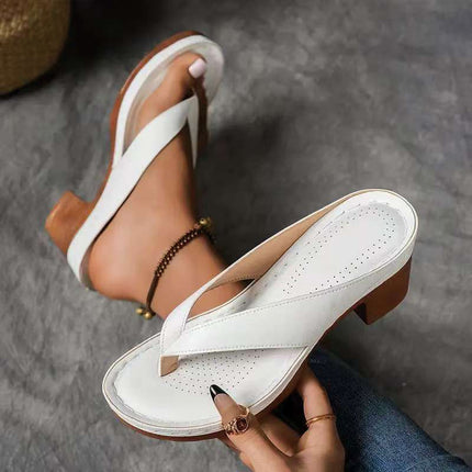 Shoeswoon White Casual Slip-On Open Toe Chunky Heel Thong Mules