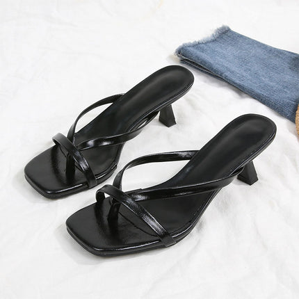 Shoeswoon Black Chic Minimalist Square Toe Heeled Thong Sandals