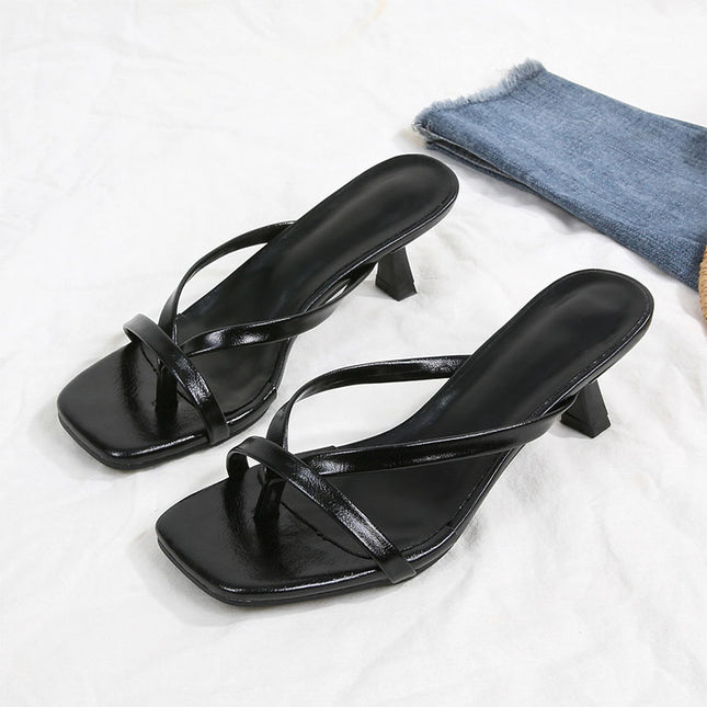 Shoeswoon Black Chic Minimalist Square Toe Heeled Thong Sandals