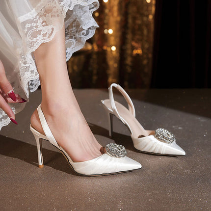 Shoeswoon Timeless Love Pointed Toe Ruched Crystal Stiletto Slingback Pumps