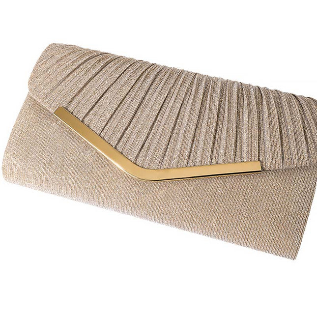 Shoeswoon Chic Pleated Glitter V-Shaped Metal Trim Evening Clutch