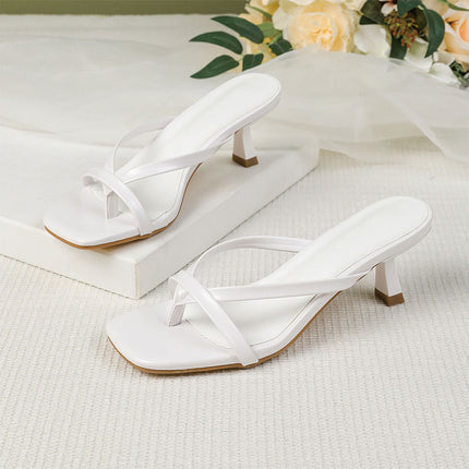 Shoeswoon White Chic Minimalist Square Toe Heeled Thong Sandals