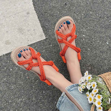 Shoeswoon Bohemian Woven Rope Crisscross Flat Sandals