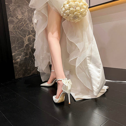 Shoeswoon Everafter Romance Bow Back Ankle Strap Stiletto Pumps