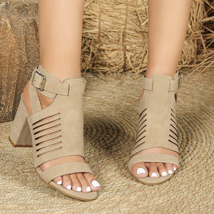 Shoeswoon Vertical Cutout Open Toe Buckle Strap Block Heel Ankle Sandals