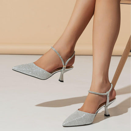 Shoeswoon Party Glitter Rhinestone Pointed Toe Slingback Kitten Heels