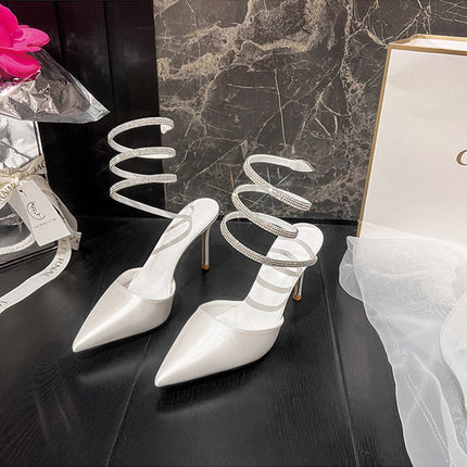 Shoeswoon Sleek Pointed Toe Rhinestone Wrap Around Stiletto Heels