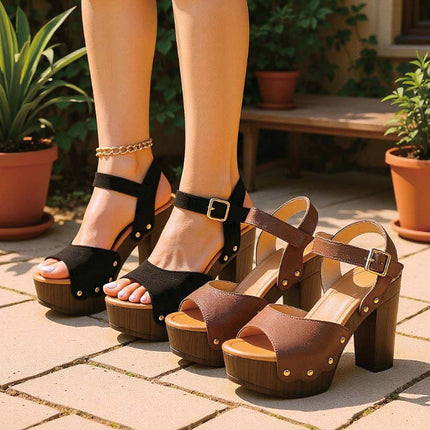 Shoeswoon Trendy Rivet Accent Single Band Slingback Wooden Look Platform Sandals