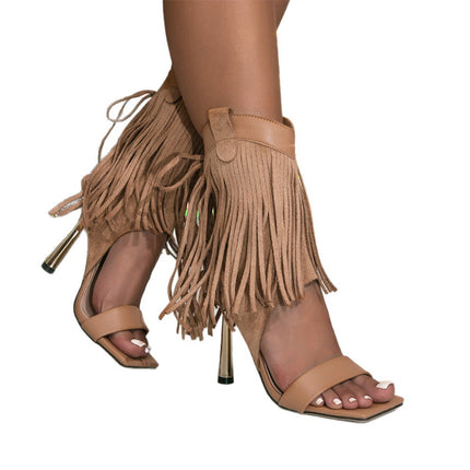 Shoeswoon Long Fringe Tassel Square Toe Metallic Stiletto Ankle Bootie Sandals