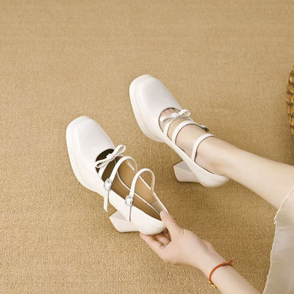 Shoeswoon Cute Bow Detail Square Toe Mary Jane Platform Heels