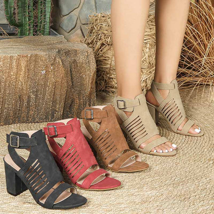 Shoeswoon Vertical Cutout Open Toe Buckle Strap Block Heel Ankle Sandals