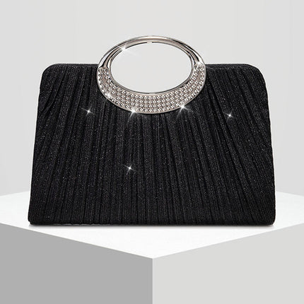 Shoeswoon Pleated Glitter Rhinestone Ring Handle Evening Clutch