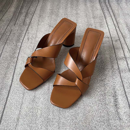 Shoeswoon Minimalist Square Toe Crisscross Chunky Heel Slide Mule Heels