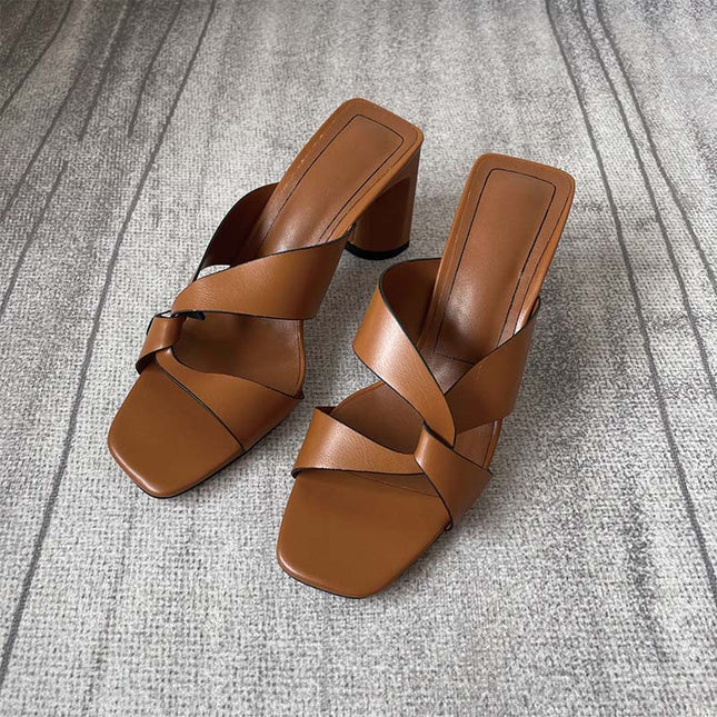Shoeswoon Minimalist Square Toe Crisscross Chunky Heel Slide Mule Heels