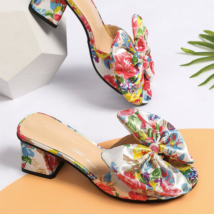 Shoeswoon Floral Bow Open Toe Block Heel Mule Slippers