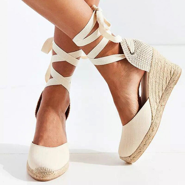 Shoeswoon Elegant Round Toe Ankle Lace Up Espadrille Wedge Sandals