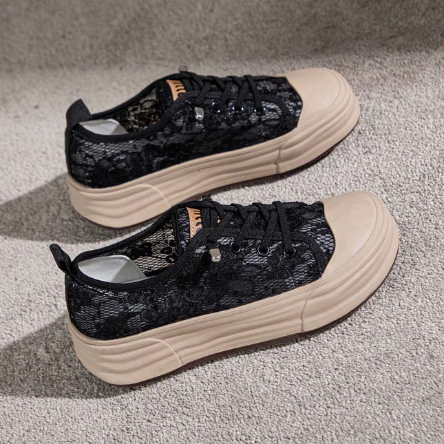 Shoeswoon Lace Sequin Mesh Platform Slip On Sneakers