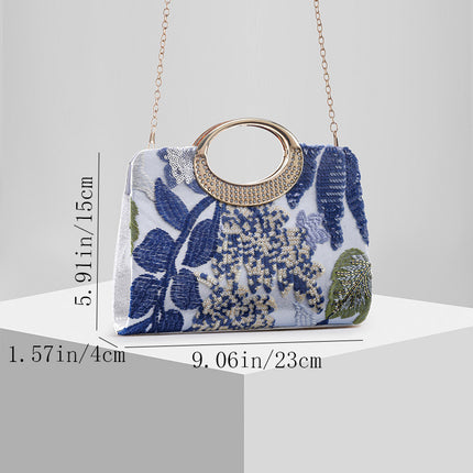 Shoeswoon Embroidered Floral Fabric Crystal Hoop Handle Formal Clutch
