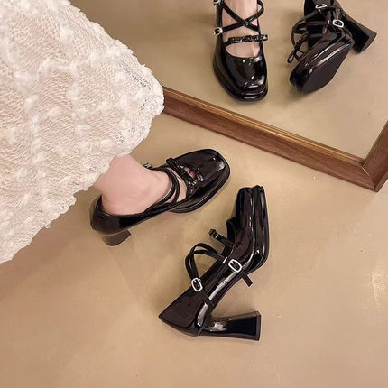 Shoeswoon Cute Bow Detail Square Toe Mary Jane Platform Heels