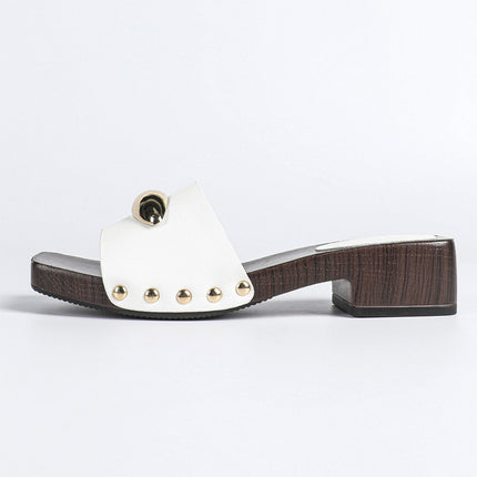 Shoeswoon Chic Metal Decor Open Toe Low Block Heel Slide Slippers