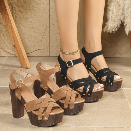 Shoeswoon Boho Summer Multi Strap Ankle Buckle Wooden Effect Platform Sandals