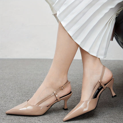 Shoeswoon Nude Patent Leather Pointed Toe Slingback Heels