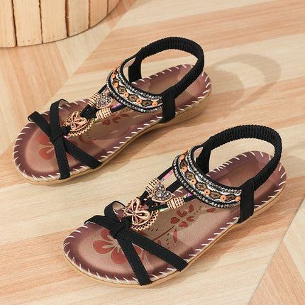 Shoeswoon Ethnic Vintage Beaded Ankle Strap Summer Flat Sandals