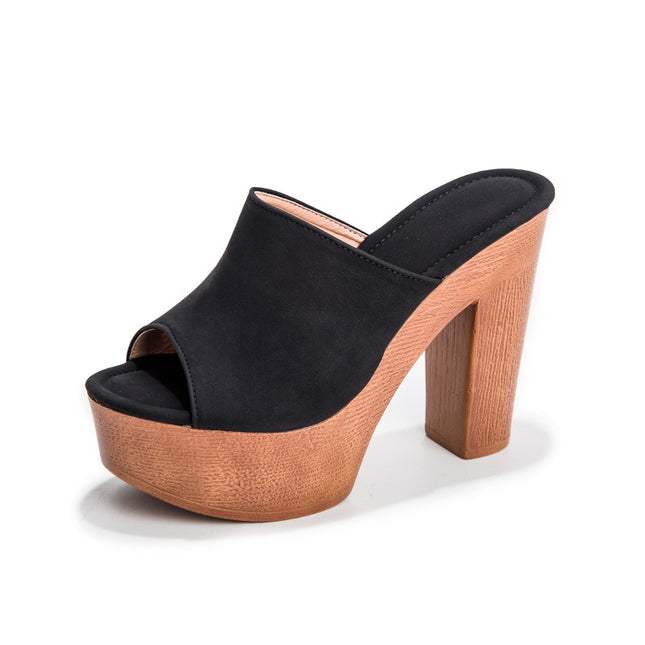 Shoeswoon Retro Peep Toe Slip On Chunky Heels