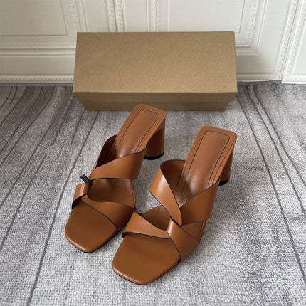 Shoeswoon Minimalist Square Toe Crisscross Chunky Heel Slide Mule Heels