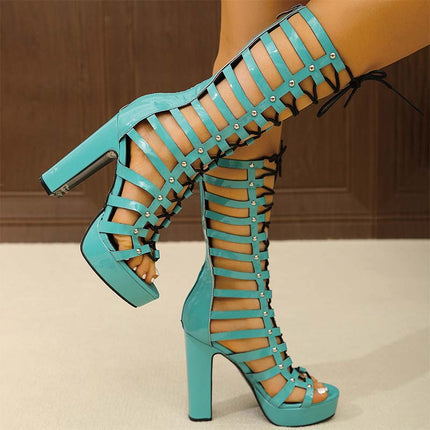 Shoeswoon Open Toe Gladiator Chunky Heel Lace Up Platform Sandals
