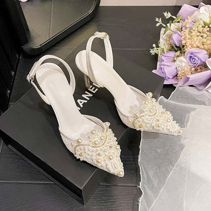 Shoeswoon Elegant Pointed Toe Pearl Rhinestone Stiletto Slingback Heels