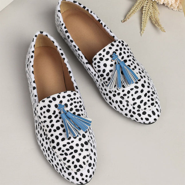 Shoeswoon Dalmatian Print Tassel Almond Toe Loafers