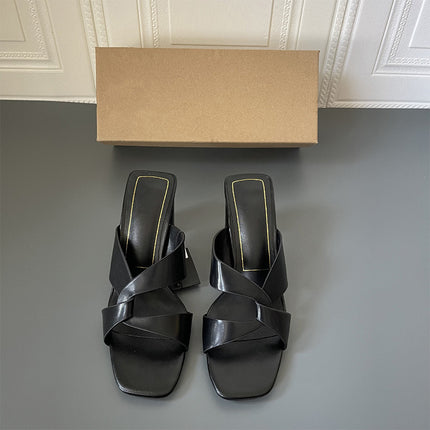 Shoeswoon Minimalist Square Toe Crisscross Chunky Heel Slide Mule Heels