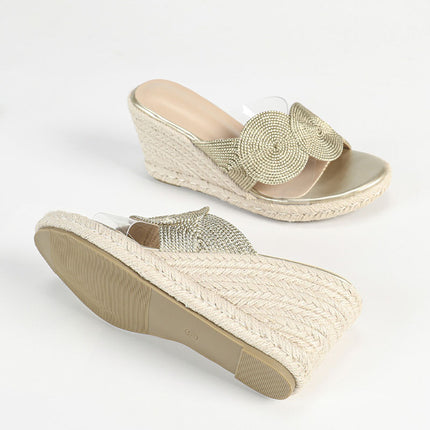 Shoeswoon Metallic Woven Circular Espadrille Wedge Slide Sandals