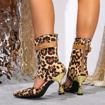 Shoeswoon Leopard Print Pointed Toe Cutout Spiked Heel Ankle Boots
