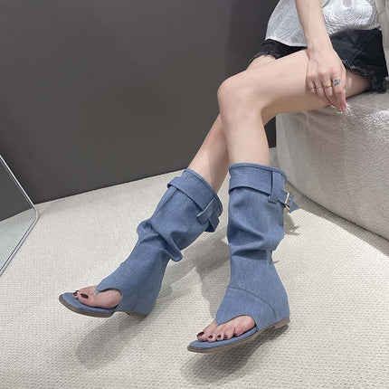 Shoeswoon Buckle Detail Thong Knee High Boot Flat Sandals