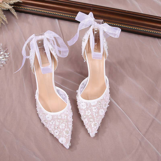 Shoeswoon Sheer Lace Flower Beaded Ankle Wrap Stiletto High Heels