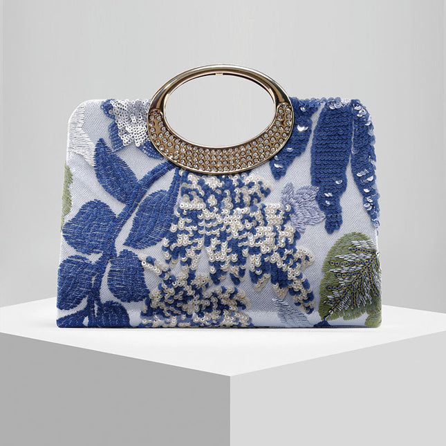 Shoeswoon Embroidered Floral Fabric Crystal Hoop Handle Formal Clutch