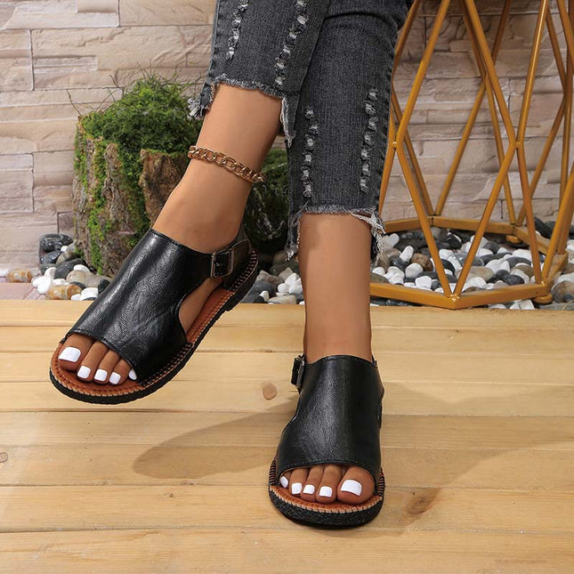 Shoeswoon Hand-Stitched Peep Toe Leather-Like Casual Flat Sandals