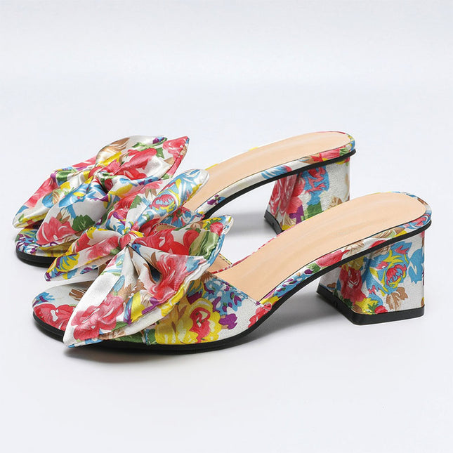 Shoeswoon Floral Bow Open Toe Block Heel Mule Slippers
