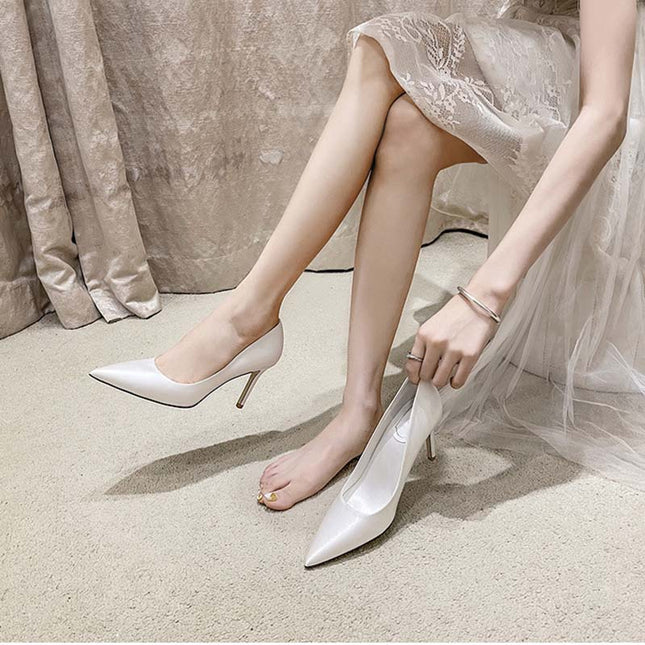 Shoeswoon Classic Smooth Satin Pointed Toe Formal Dress Wedding Heels