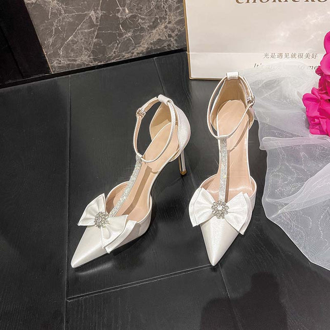 Shoeswoon Elegant Bow Crystal Satin Pointed Toe T-Strap Stiletto Heels