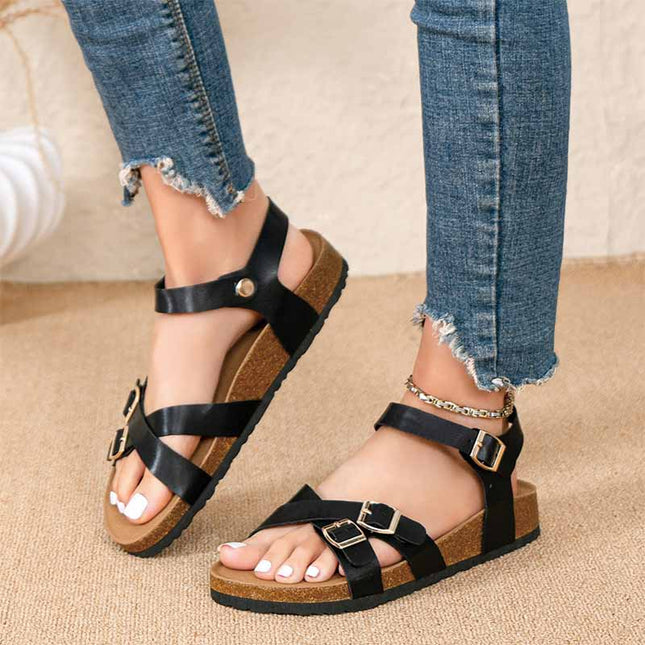 Shoeswoon Cross Strap Double Buckle Cork Footbed Flat Sandals