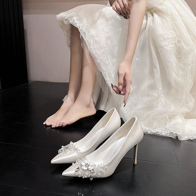 Shoeswoon Elegant Pointed Toe Floral Crystal Stiletto Slip On Heels