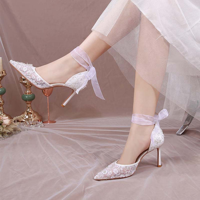 Shoeswoon Sheer Lace Flower Beaded Ankle Wrap Stiletto High Heels