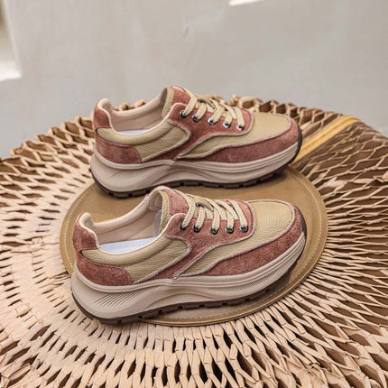 Shoeswoon Genuine Leather Patchwork Platform Lace Up Sneakers