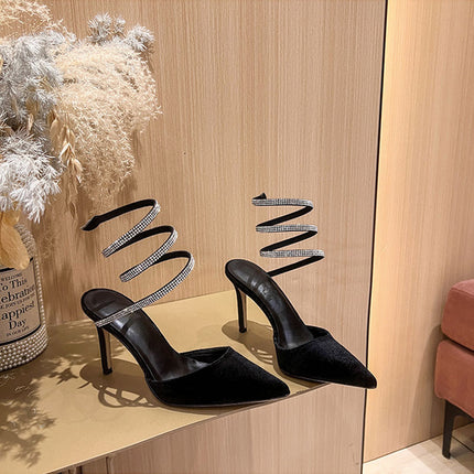 Shoeswoon Sleek Pointed Toe Rhinestone Wrap Around Stiletto Heels