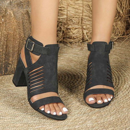 Shoeswoon Vertical Cutout Open Toe Buckle Strap Block Heel Ankle Sandals